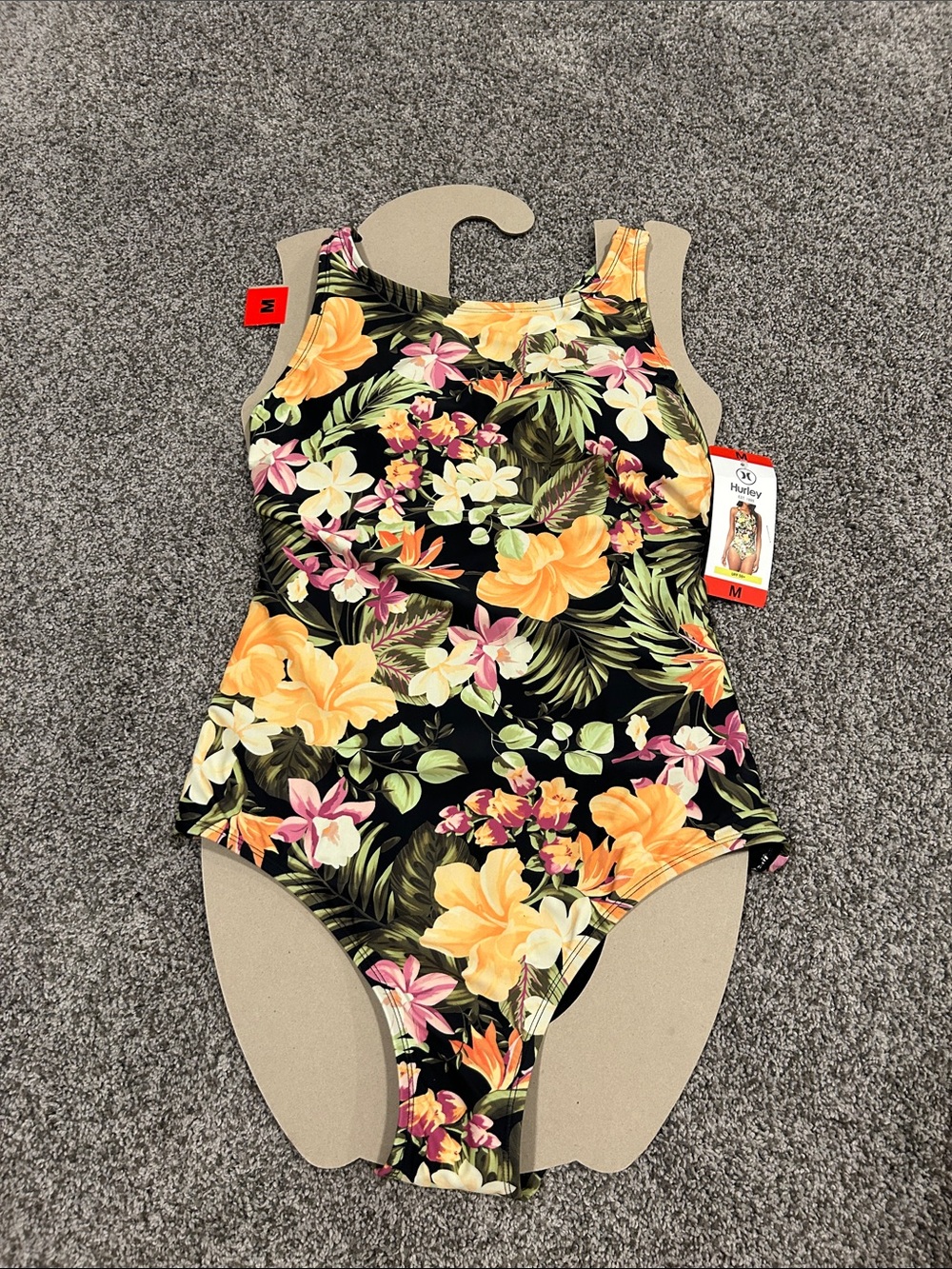 Hurley Black Floral Tropical One-Piece Swimsuit with Yellow & Pink Flowers M